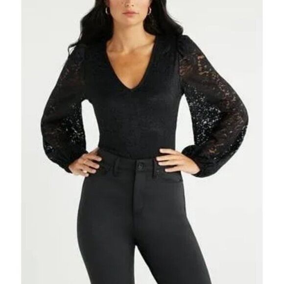 Sofia Jeans Women Black Long Sleeve Lace Bodysuit Size M - Picture 1 of 10